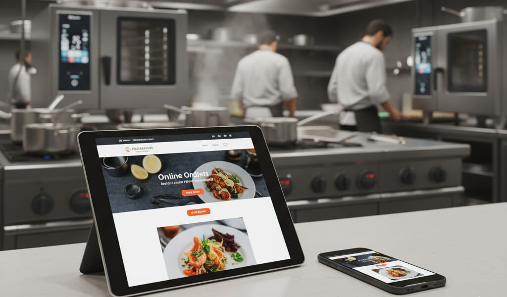 Smart restaurant kitchen with digital screens and tablet showing website, illustrating integration of technology and online presence.