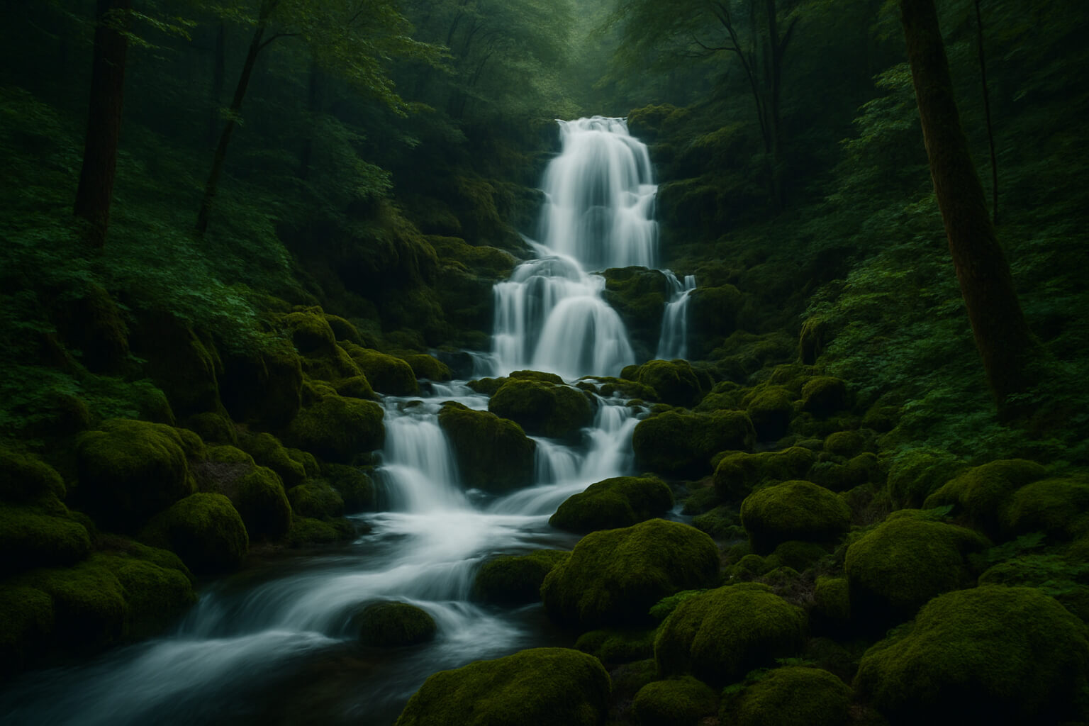 Long exposure waterfall photo with silky water and lush green surroundings.