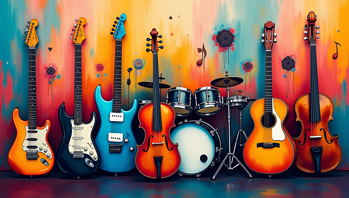 Colorful artistic collage of instruments representing different music genres with cultural elements in the background.