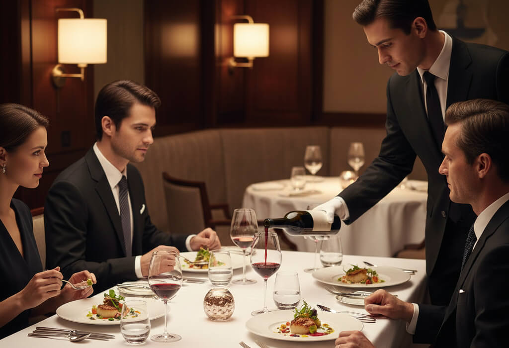 Guests enjoying fine dining with elegant table etiquette and attentive service in a sophisticated restaurant.