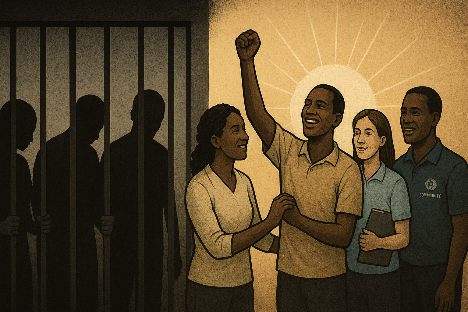Symbolic illustration of modern slavery and human trafficking with shadowed figures and advocates helping survivors.