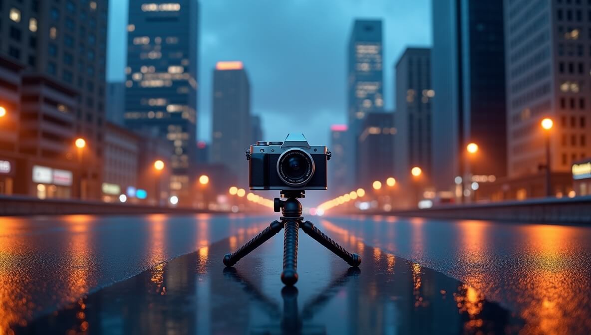 Mirrorless camera on a tripod capturing a vibrant city skyline at night