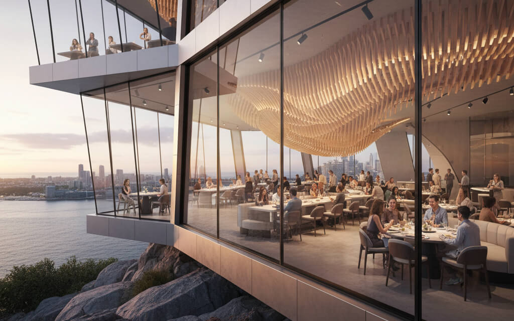 Restaurant with iconic architectural design, modern interiors, and diners enjoying their meals