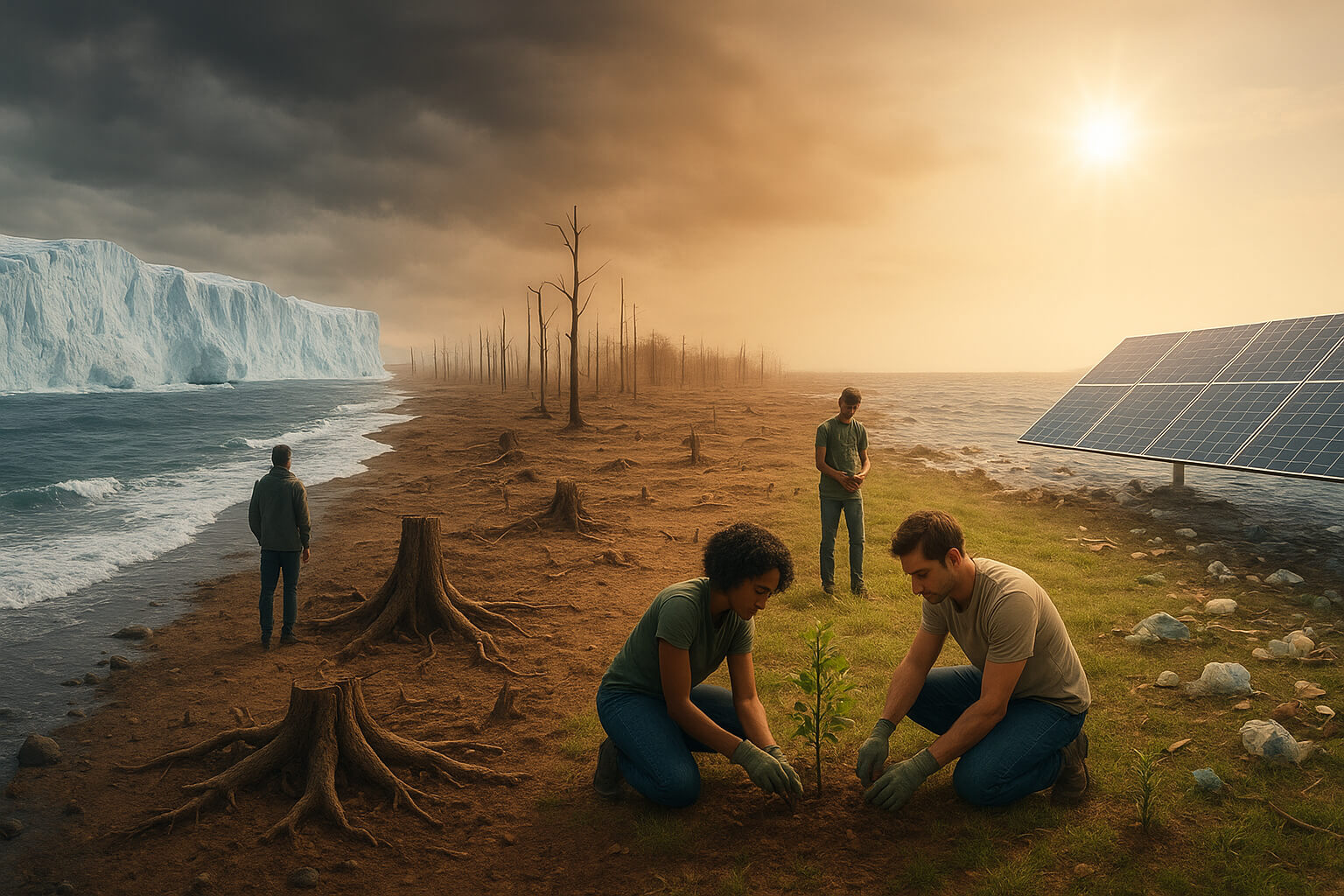 Illustration showing climate change impacts with melting glaciers, deforestation, and sustainable solutions like tree planting and solar panels.