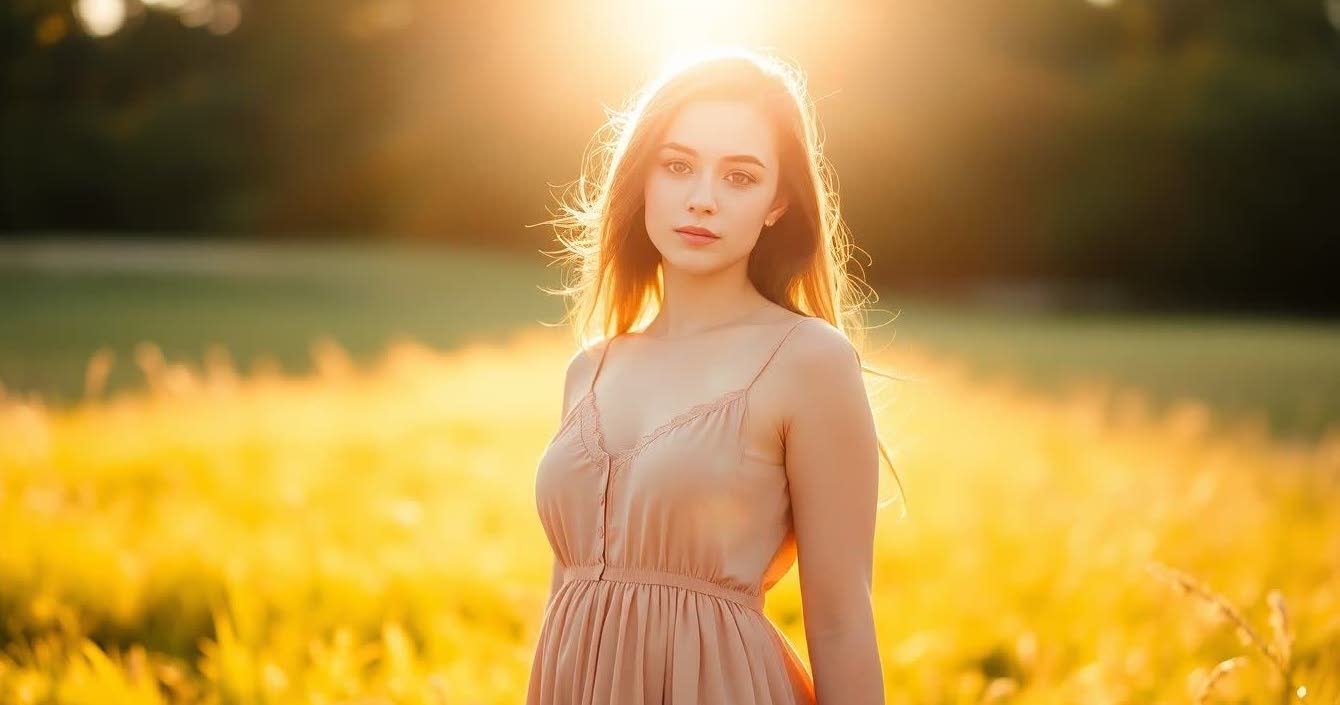 Backlit portrait of a woman glowing in sunset light with soft flares.