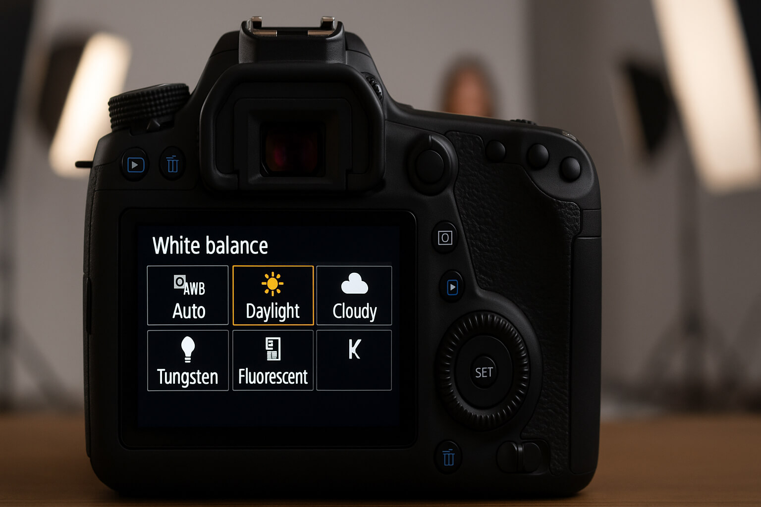 Camera screen showing white balance settings with various light options.