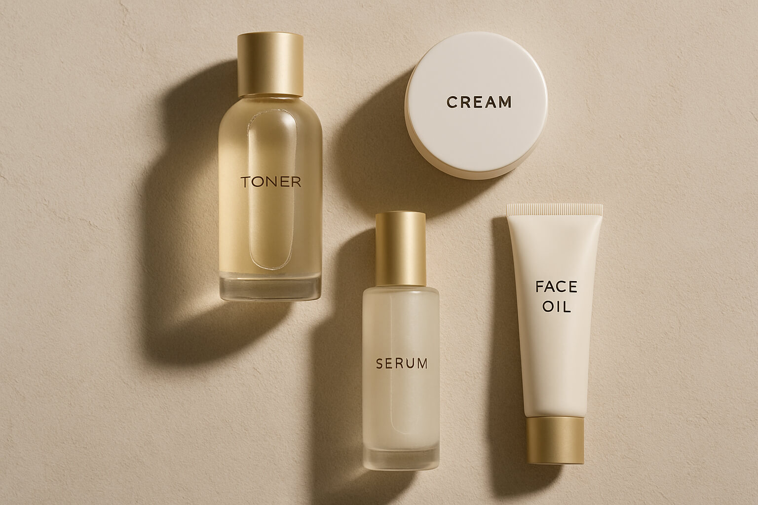 Flat lay photo of skincare products with minimalist aesthetic and soft lighting.