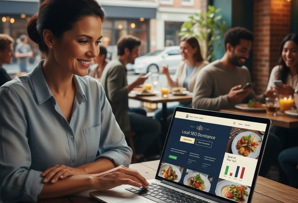 Independent restaurant owner analyzing a modern website with online ordering and reservations, outperforming chain competitors online.