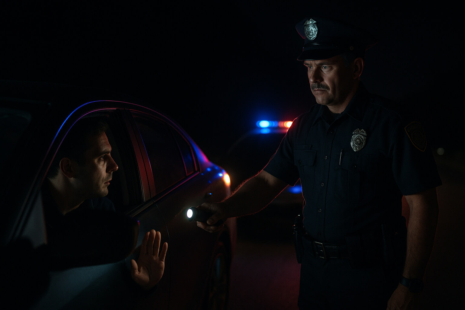 Driver taking a sobriety test next to a police car after a DUI stop.