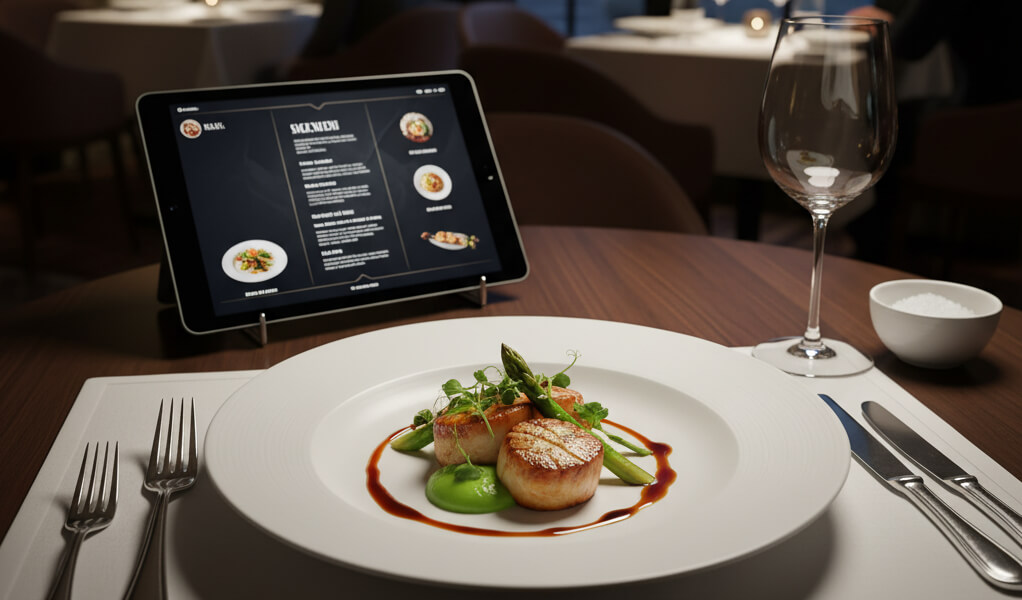 Elegant restaurant table with a gourmet plated dish and digital menu tablet highlighting how presentation affects perceived value in restaurants.
