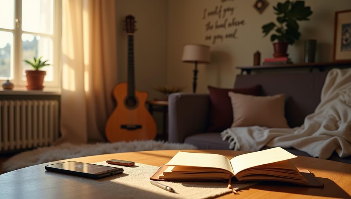 Music practice area with open journal, tracking app on a phone, and instrument ready for use.