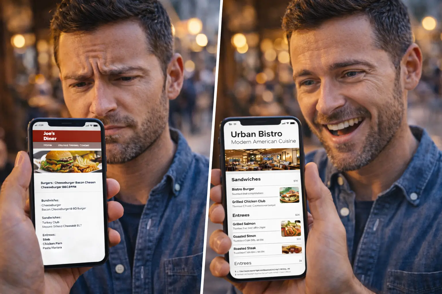 First impressions of restaurant food shaped by website design, menus, and visual quality.