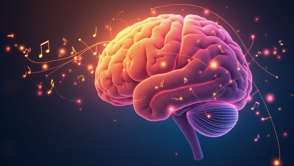 Artistic brain illustration connected with flowing musical notes and instrument icons, symbolizing cognitive benefits of learning an instrument.