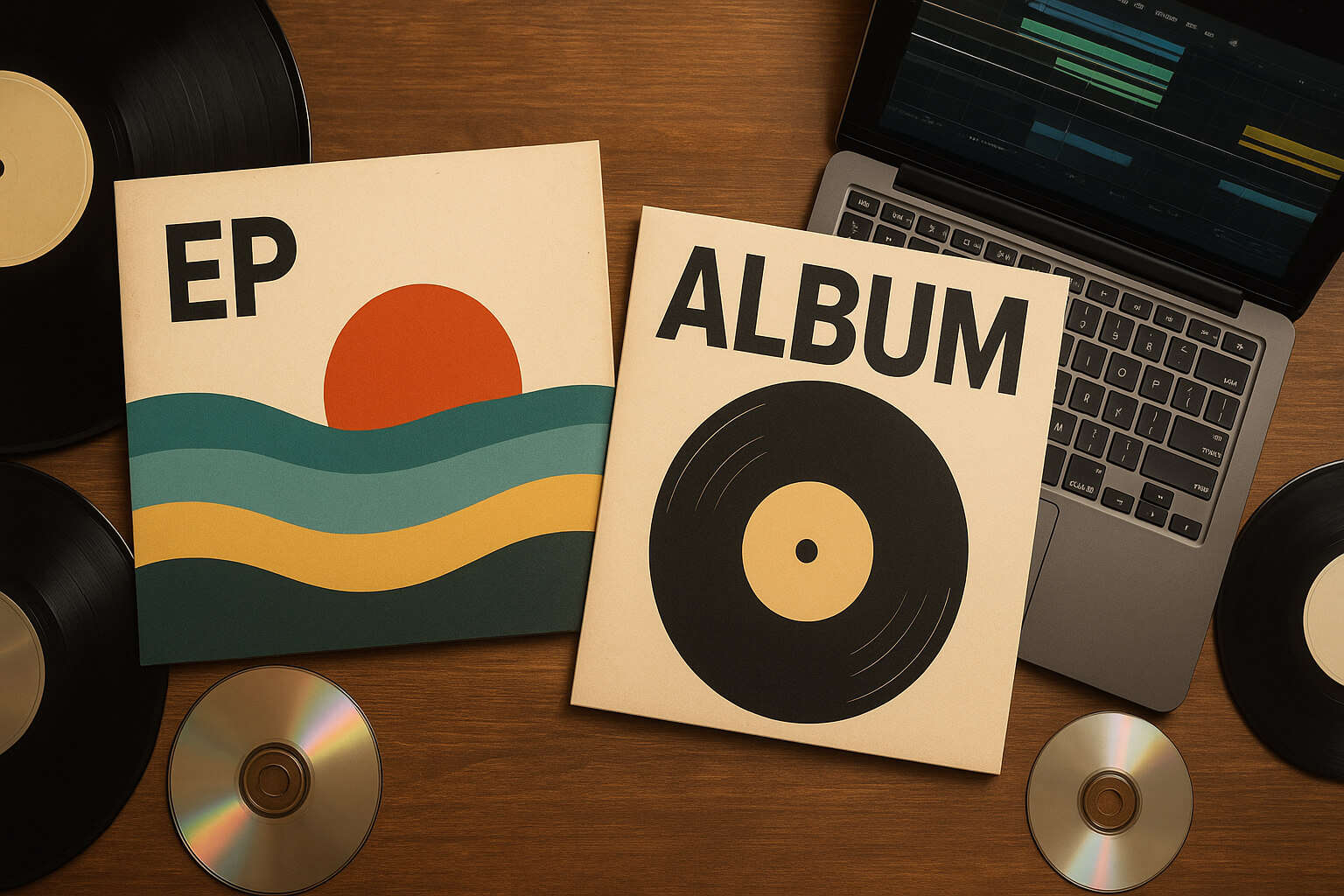 Side-by-side covers of an EP and an album with music equipment in the background.