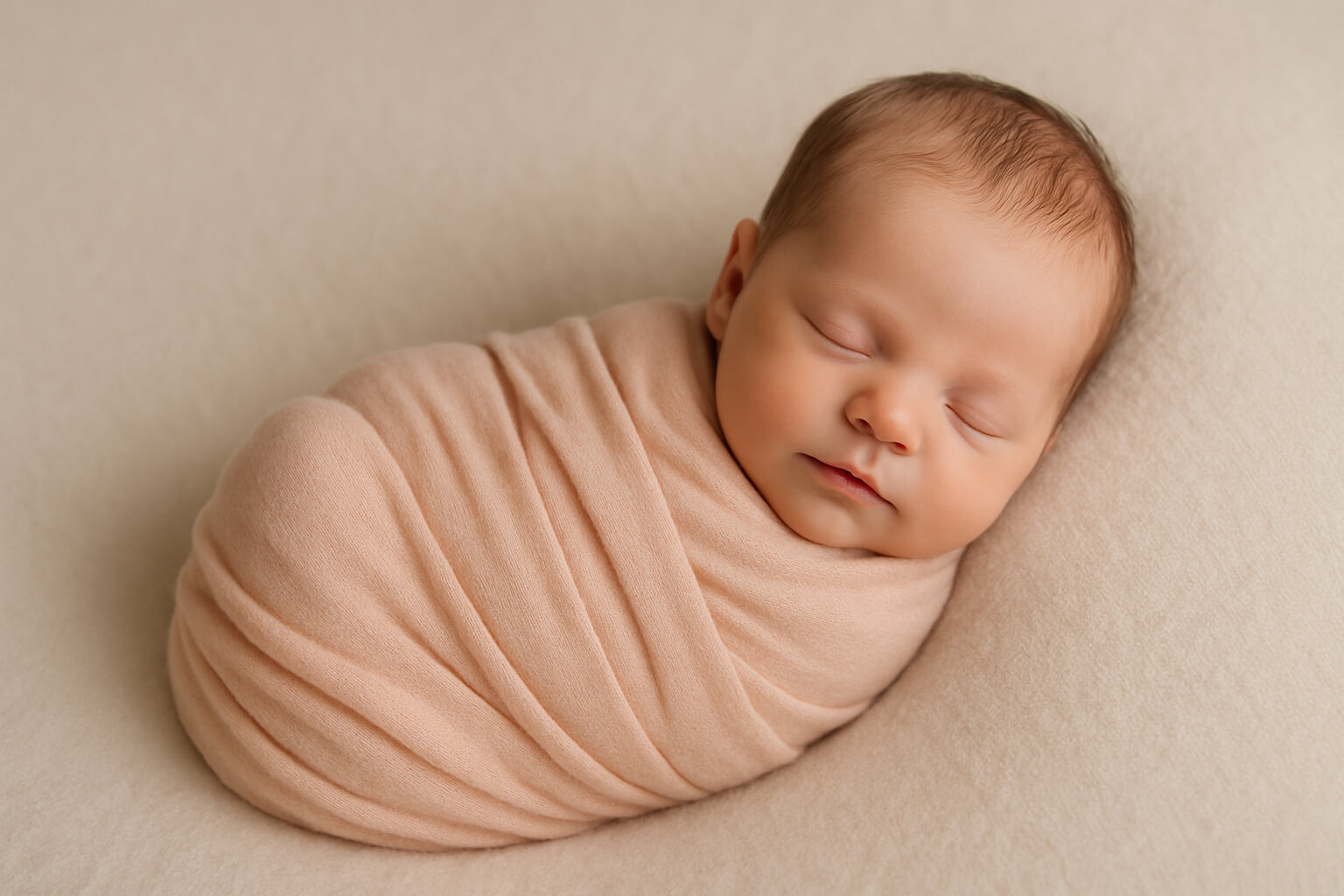 Sleeping newborn baby wrapped in a knitted blanket near window with soft natural light.