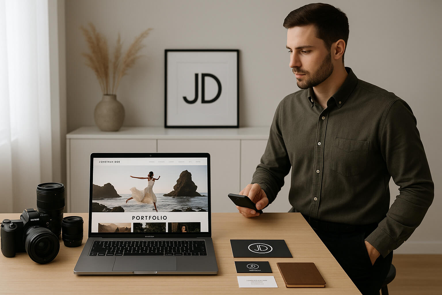 Photographer in a studio showcasing personal brand materials and online portfolio.