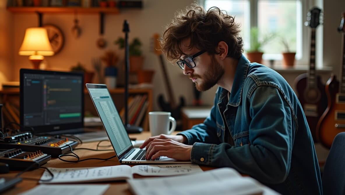 A musician working through a creative plateau in a home studio, surrounded by music gear and notes.