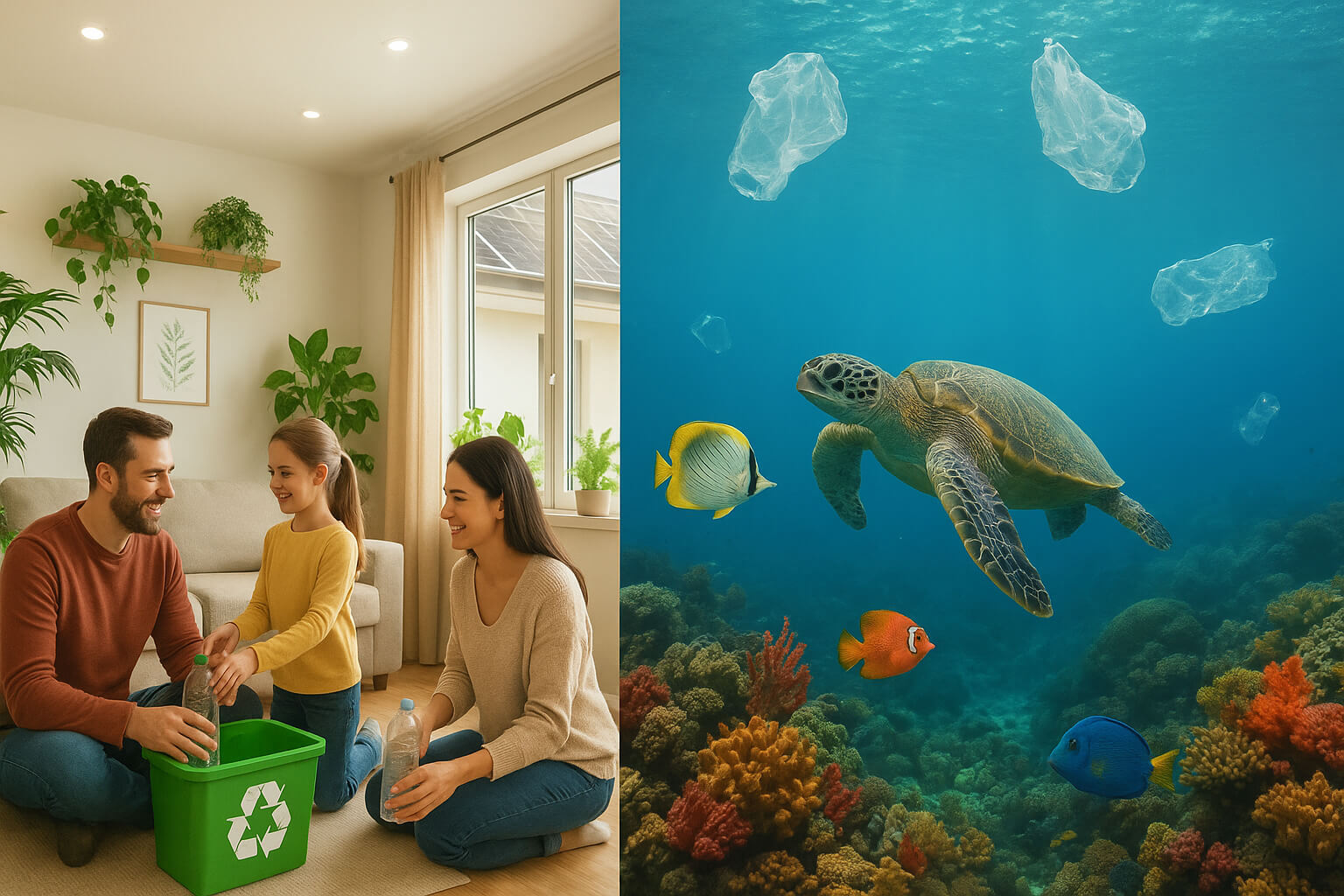 Eco-friendly home reducing carbon footprint and ocean life affected by plastic pollution, highlighting sustainable living and conservation.
