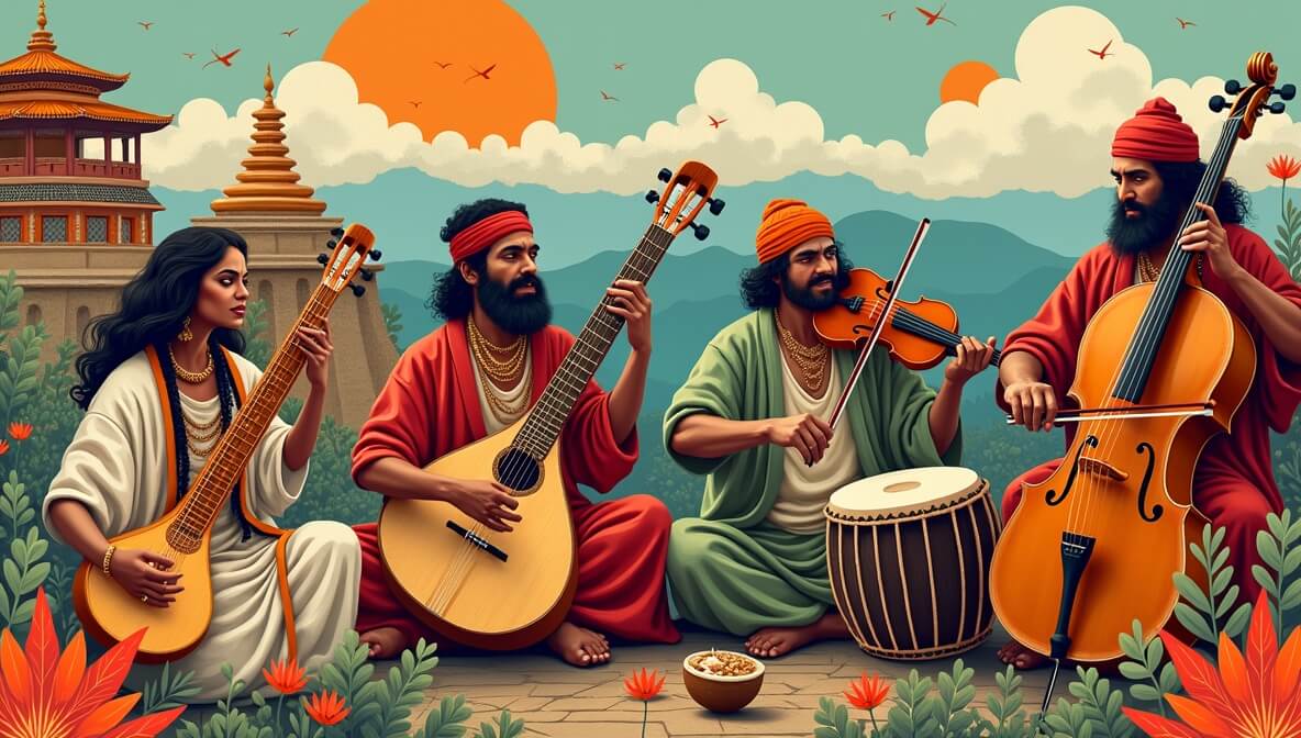Musicians from different cultures playing traditional instruments, symbolizing global diversity in music styles.