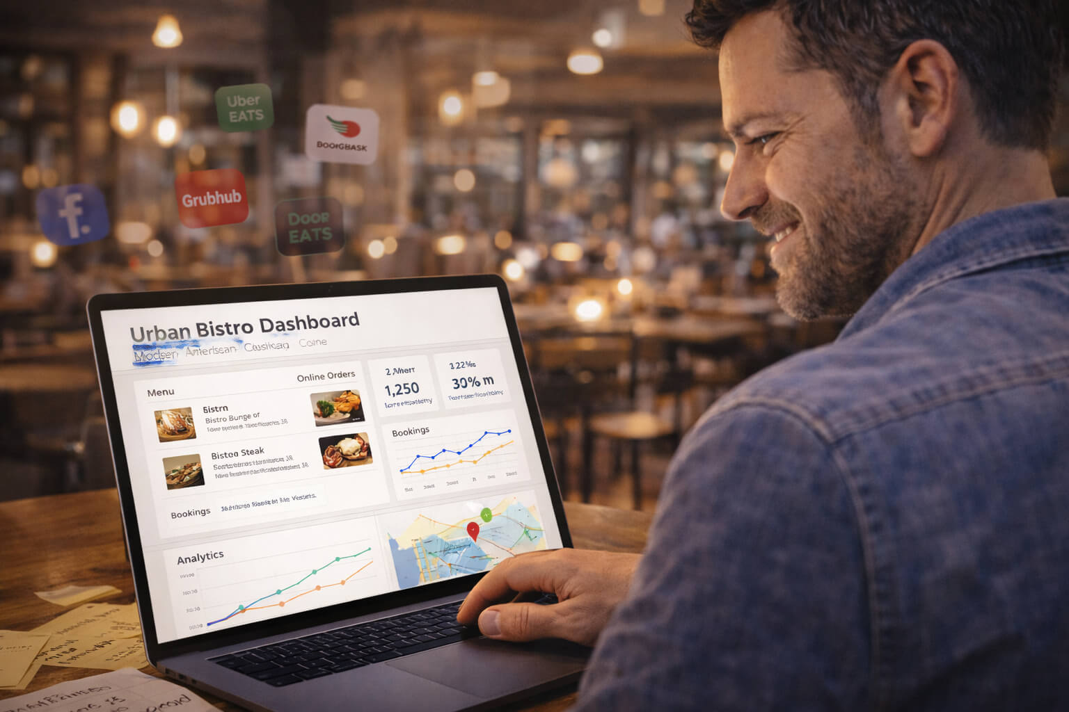 Restaurant owner taking control of their website and online presence as their own web boss.