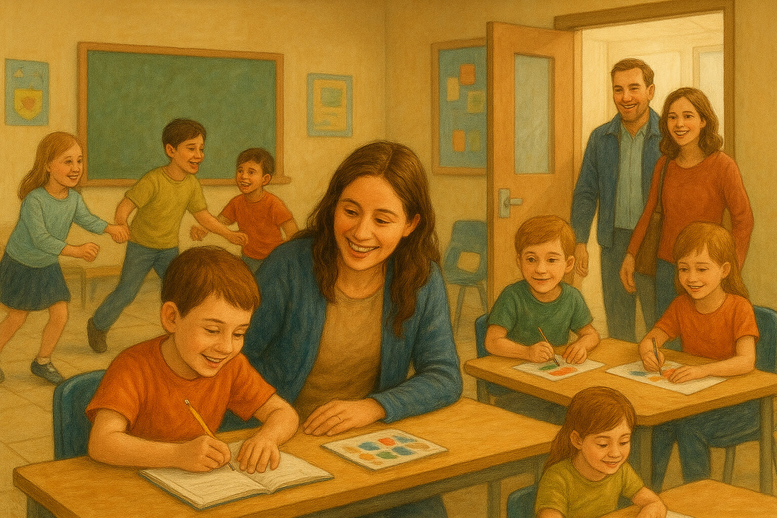Children participating in after-school programs with tutoring, games, and arts, while parents look on happily, showing family and youth benefits.