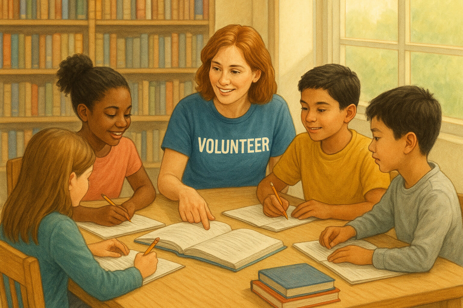A community non-profit volunteer helping students with schoolwork, symbolizing support for educational equity.
