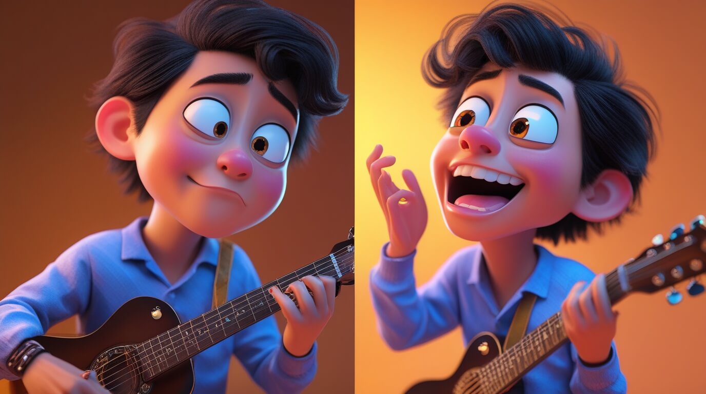Side-by-side comparison of a guitarist using poor technique and correct technique.