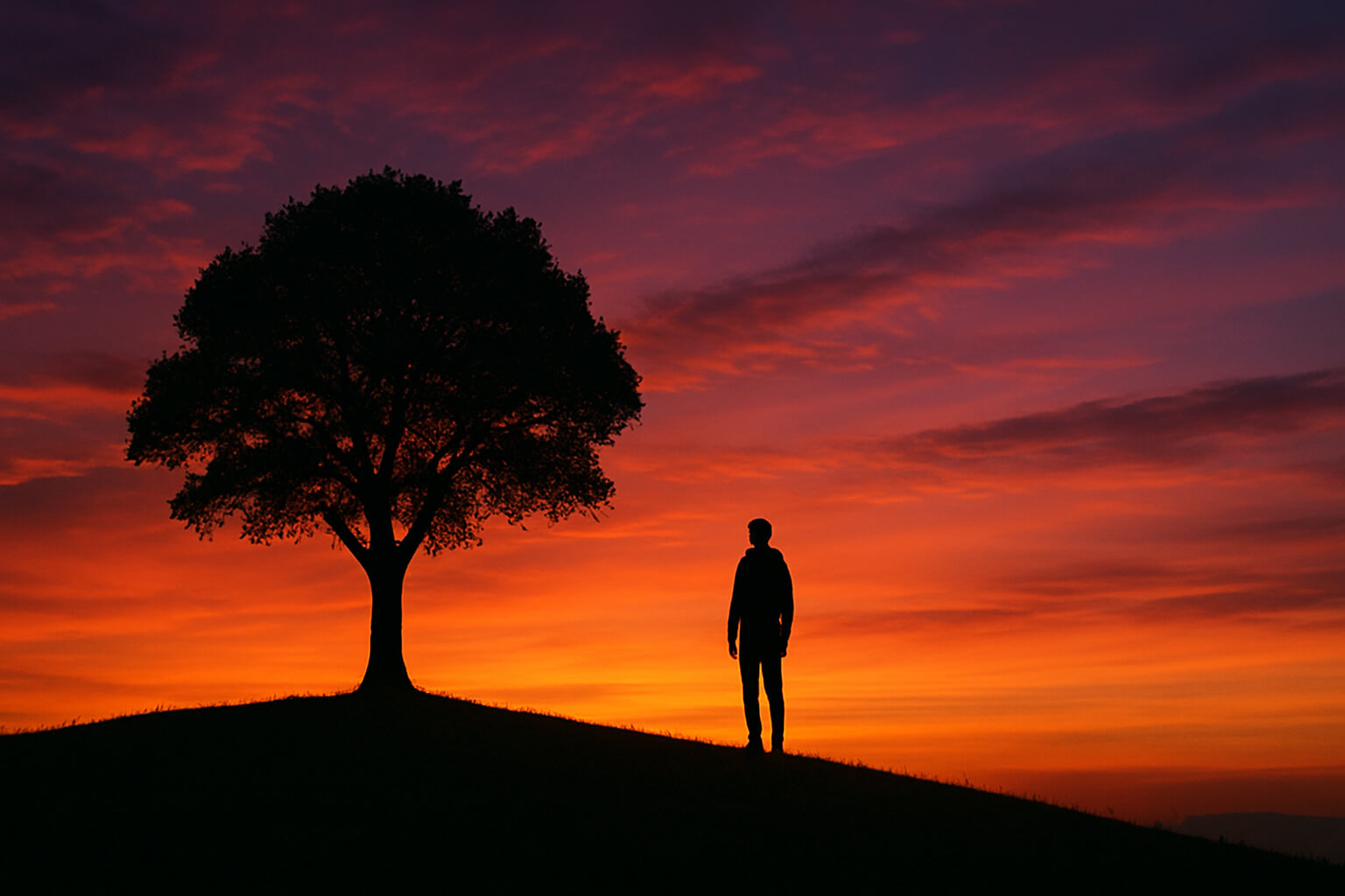 Silhouette of person and tree against vibrant sunset sky.