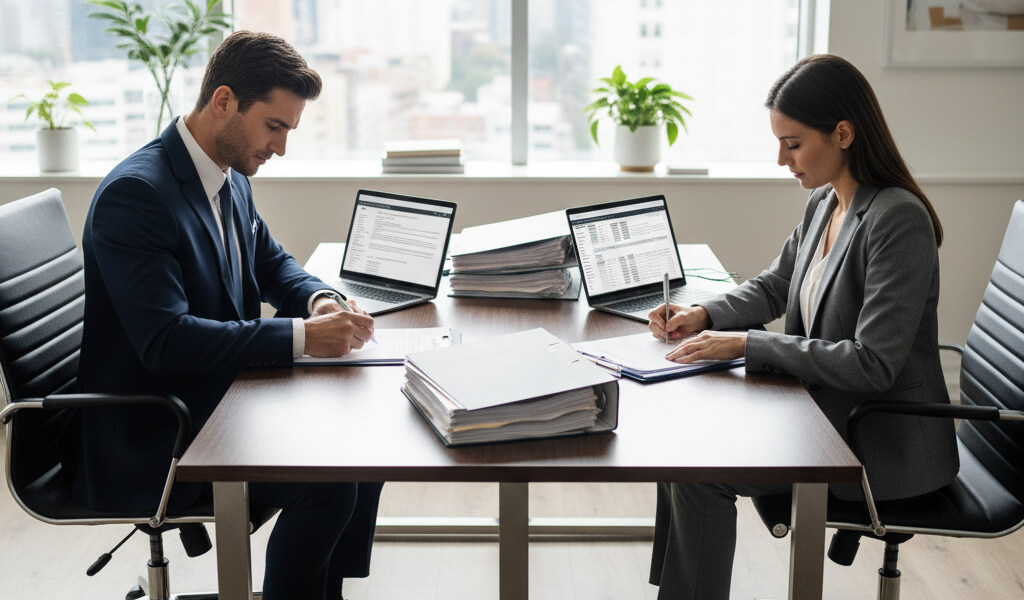 Business partners reviewing and signing legal dissolution documents in a modern office.
