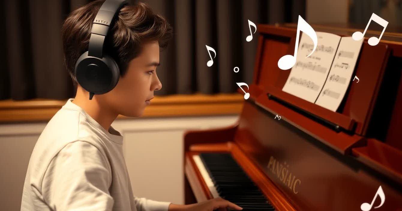 Young musician training pitch recognition with piano and app.