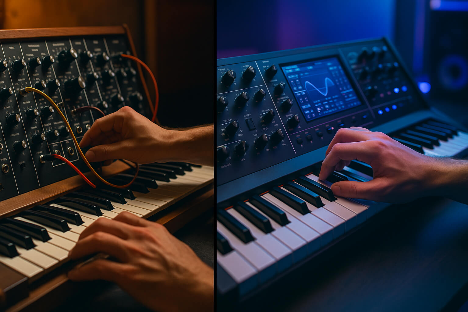 Analog vs. digital synthesizer split-screen with musician hands adjusting both.