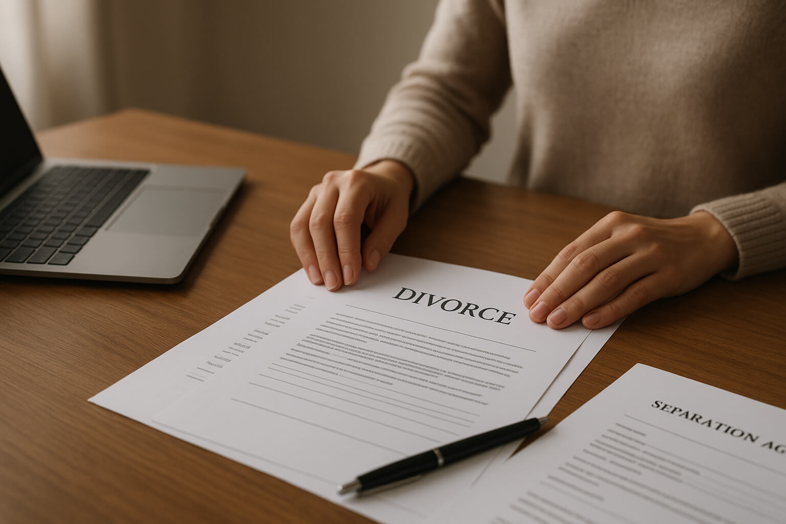 Person organizing divorce paperwork and filing for legal separation.