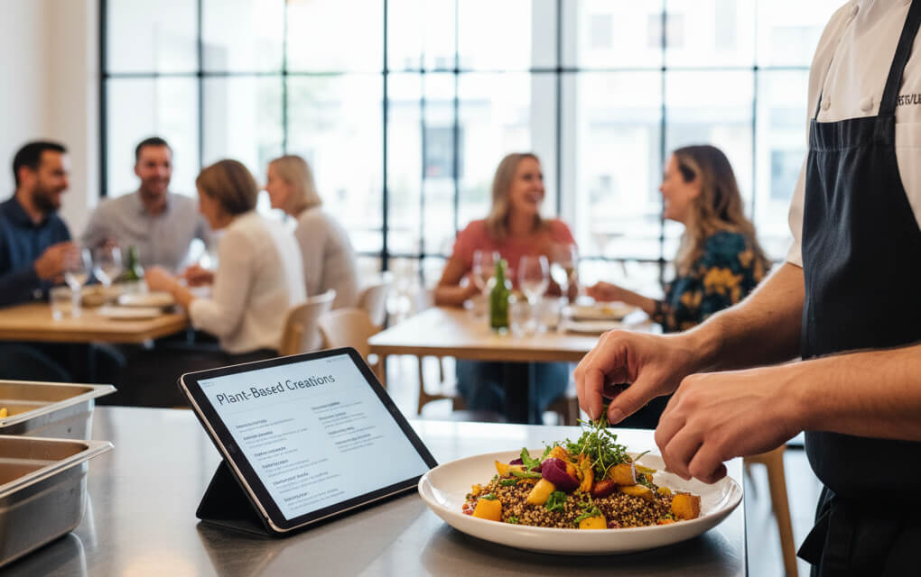 Chef plating a colorful plant-based dish in a modern restaurant with a digital menu and happy diners in the background.