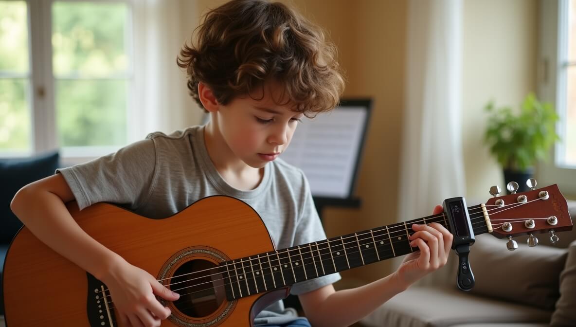 Beginner guitarist tuning an acoustic guitar with a clip-on tuner in a bright home practice space.