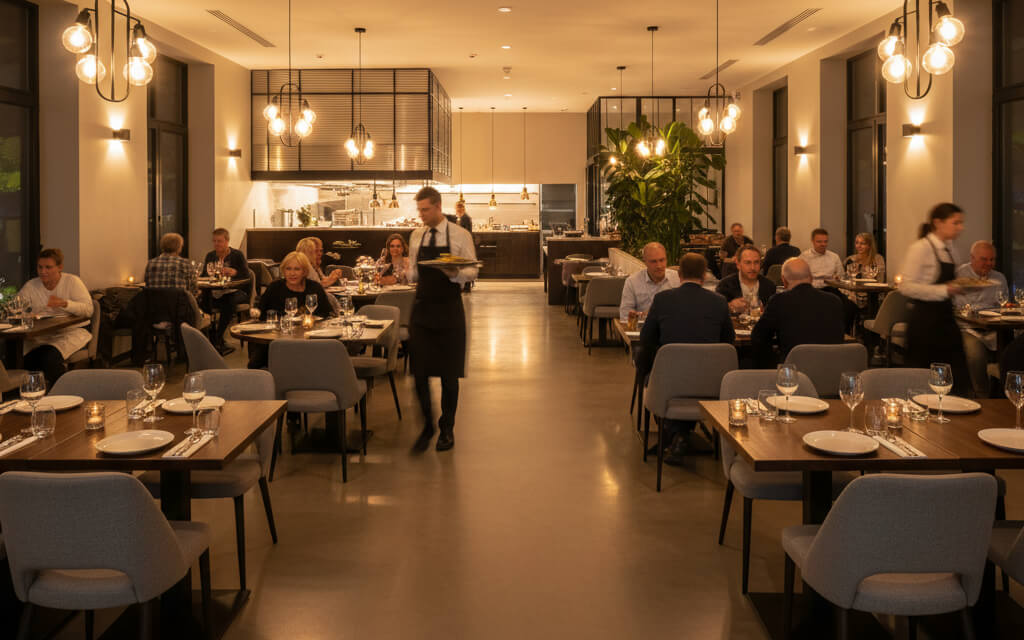 Modern restaurant with strategic table layout optimizing guest flow and service efficiency.