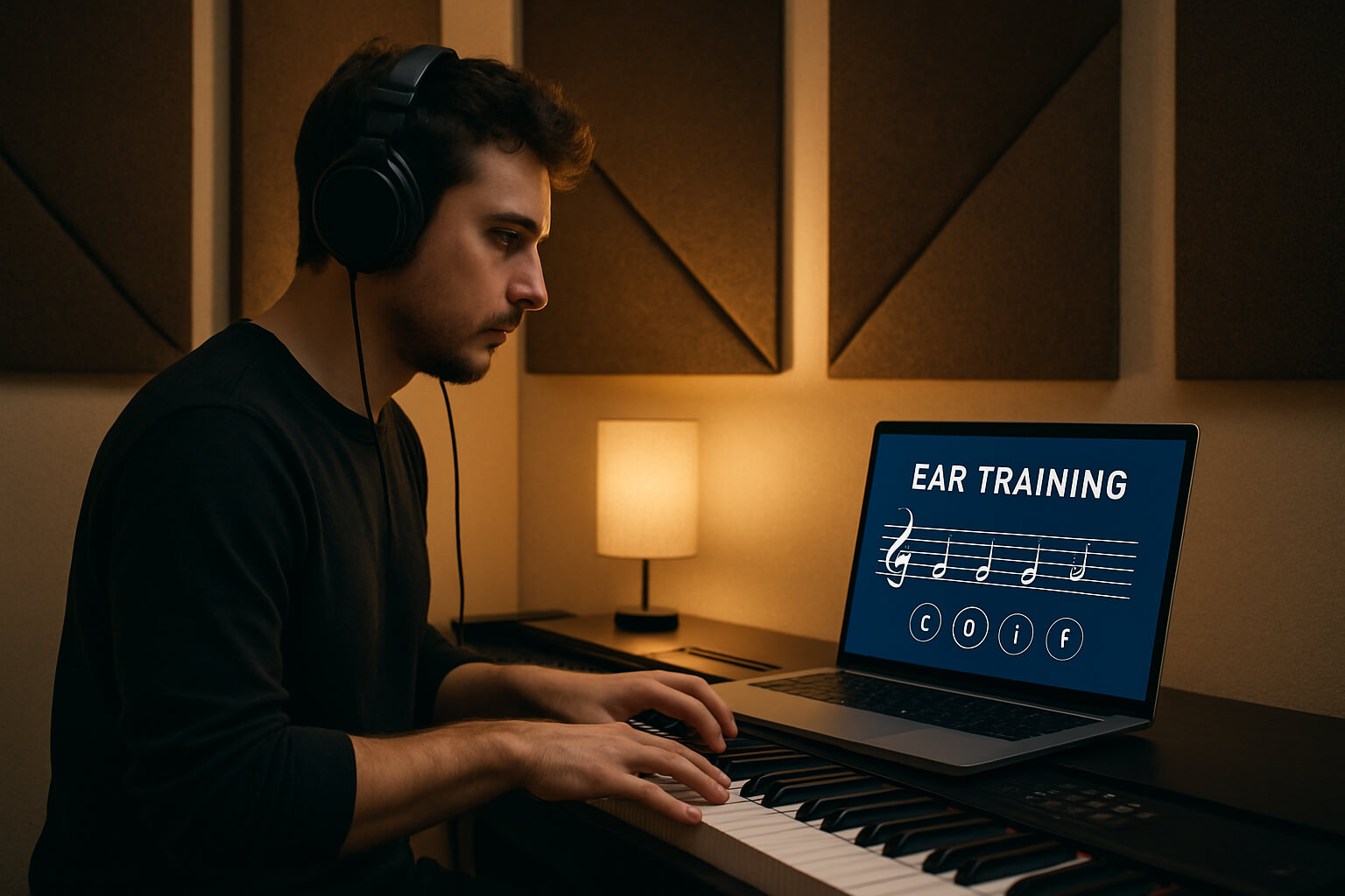 Musician practicing ear training on piano with software open on laptop screen.