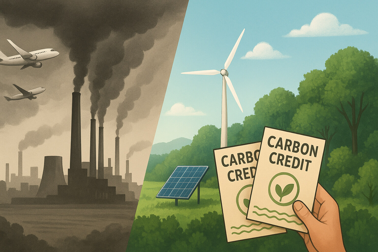 Split scene showing carbon emissions on one side and forests with renewable energy on the other, symbolizing carbon offsetting.
