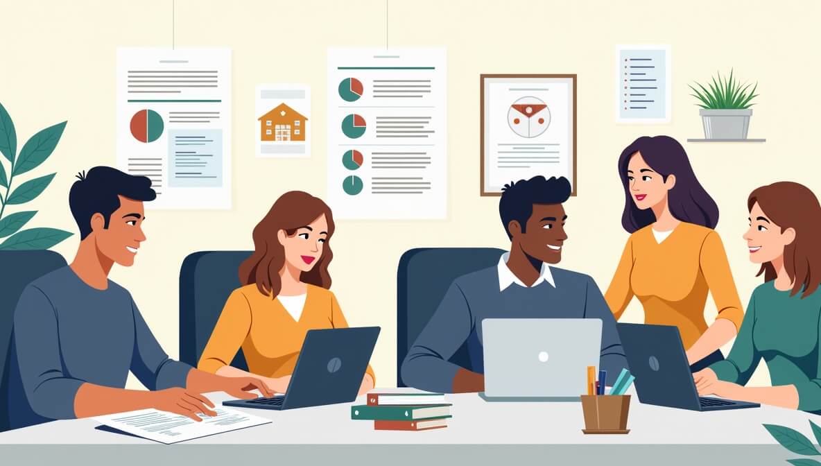 Non-profit staff collaborating in a modern office, reviewing finances and planning community programs to challenge myths about salaries and overhead.