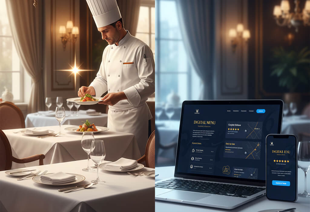 Illustration showing a fine dining restaurant compared with a modern digital presence, highlighting how a strong restaurant website, online menu, and reviews have become the new Michelin star.