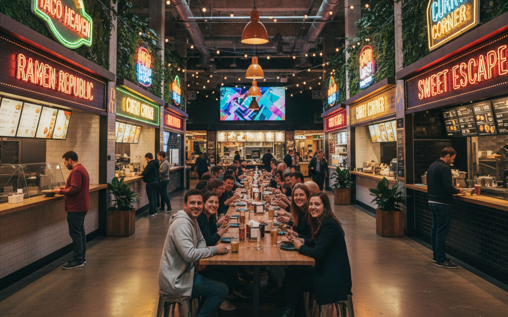 Diners enjoying a variety of cuisines inside a bustling modern food hall with multiple food stalls and shared seating.
