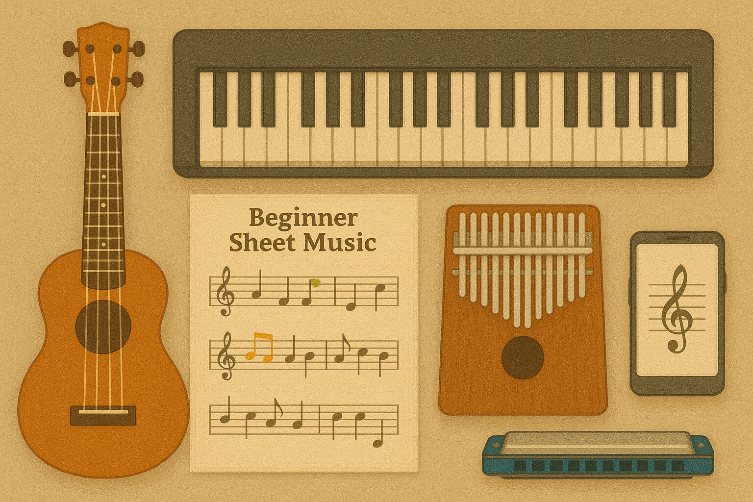 A collection of easy-to-learn musical instruments including a ukulele, keyboard, kalimba, and harmonica with beginner sheet music and a smartphone.