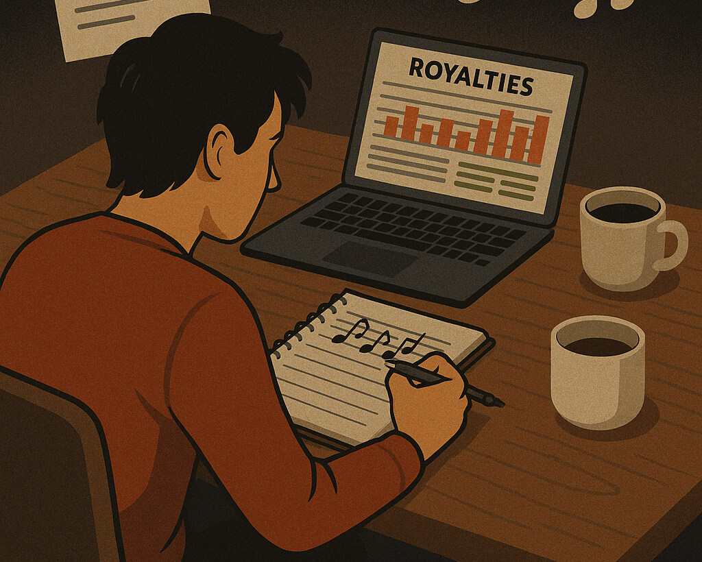 Songwriter managing music publishing tasks at a desk with lyrics and royalty tracking software open.