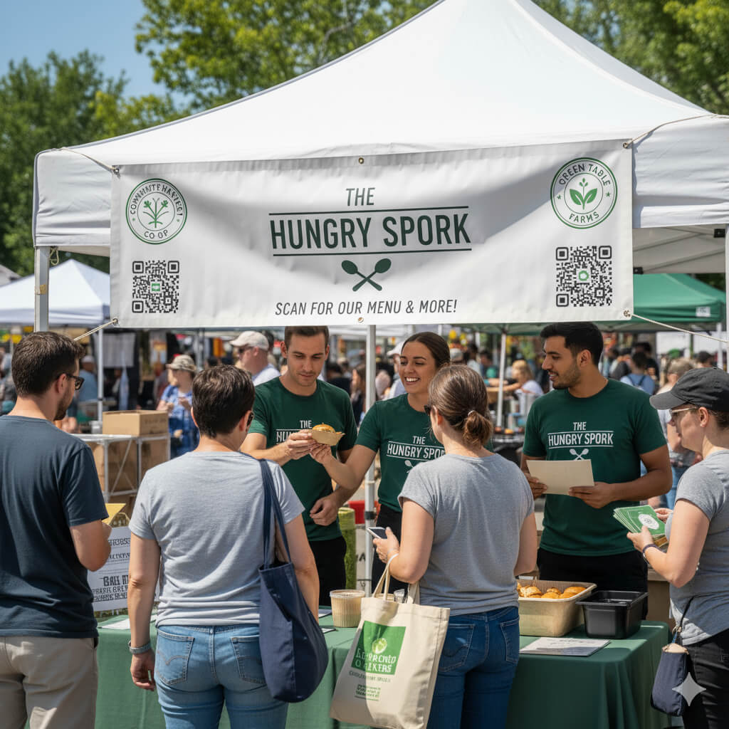Restaurant team at a local community event booth handing out samples, branded menus, and QR code linking to website.