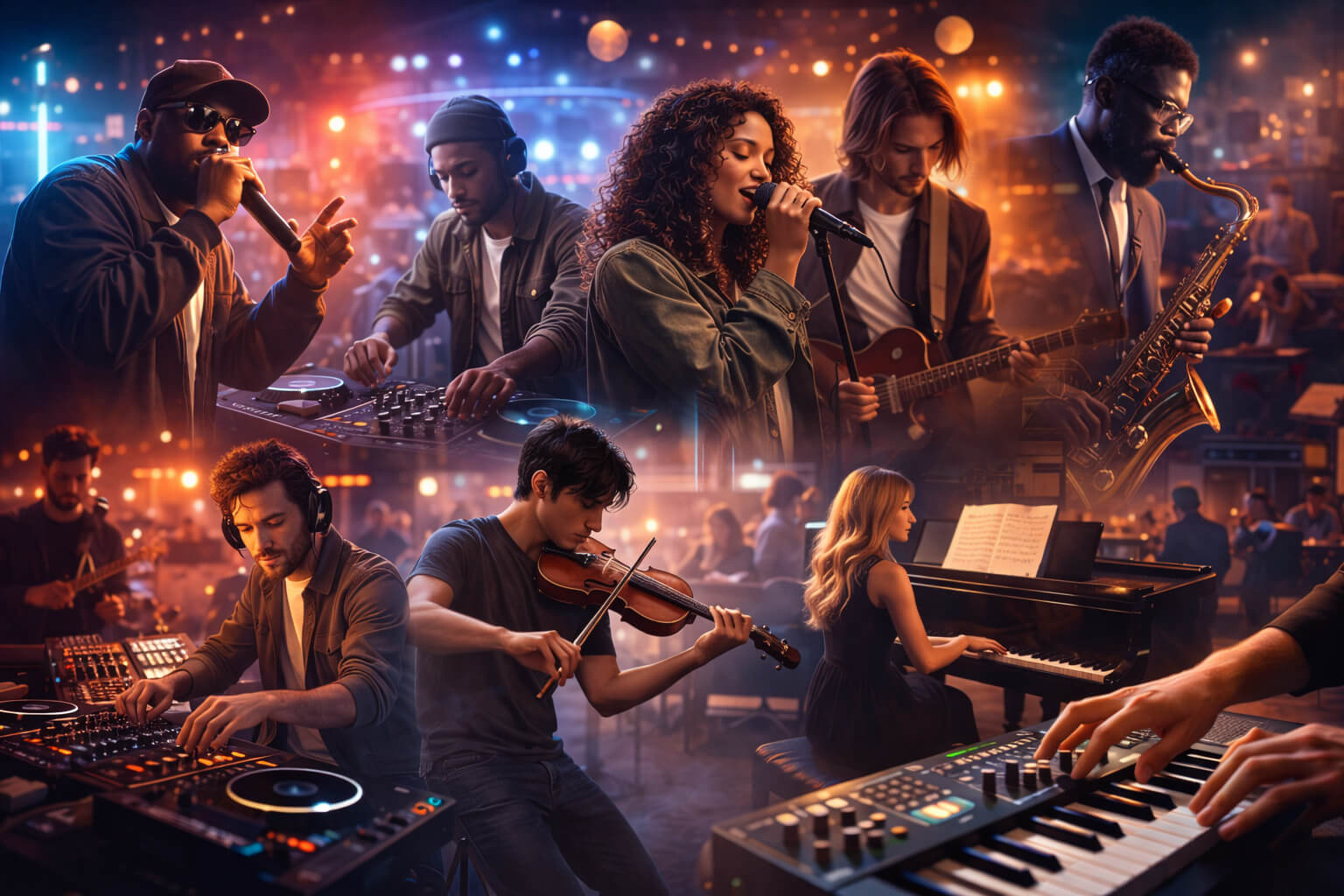 Collage of musicians performing hip-hop, electronic, indie, jazz, and classical music, representing the most popular music genres in 2026.