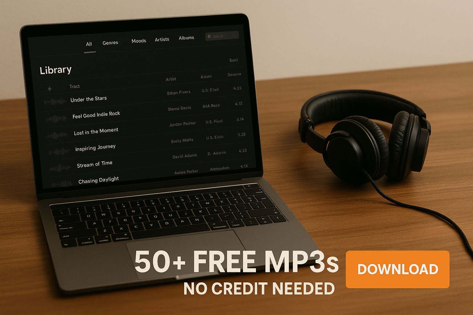 Music production workspace with laptop and free royalty-free MP3s displayed.