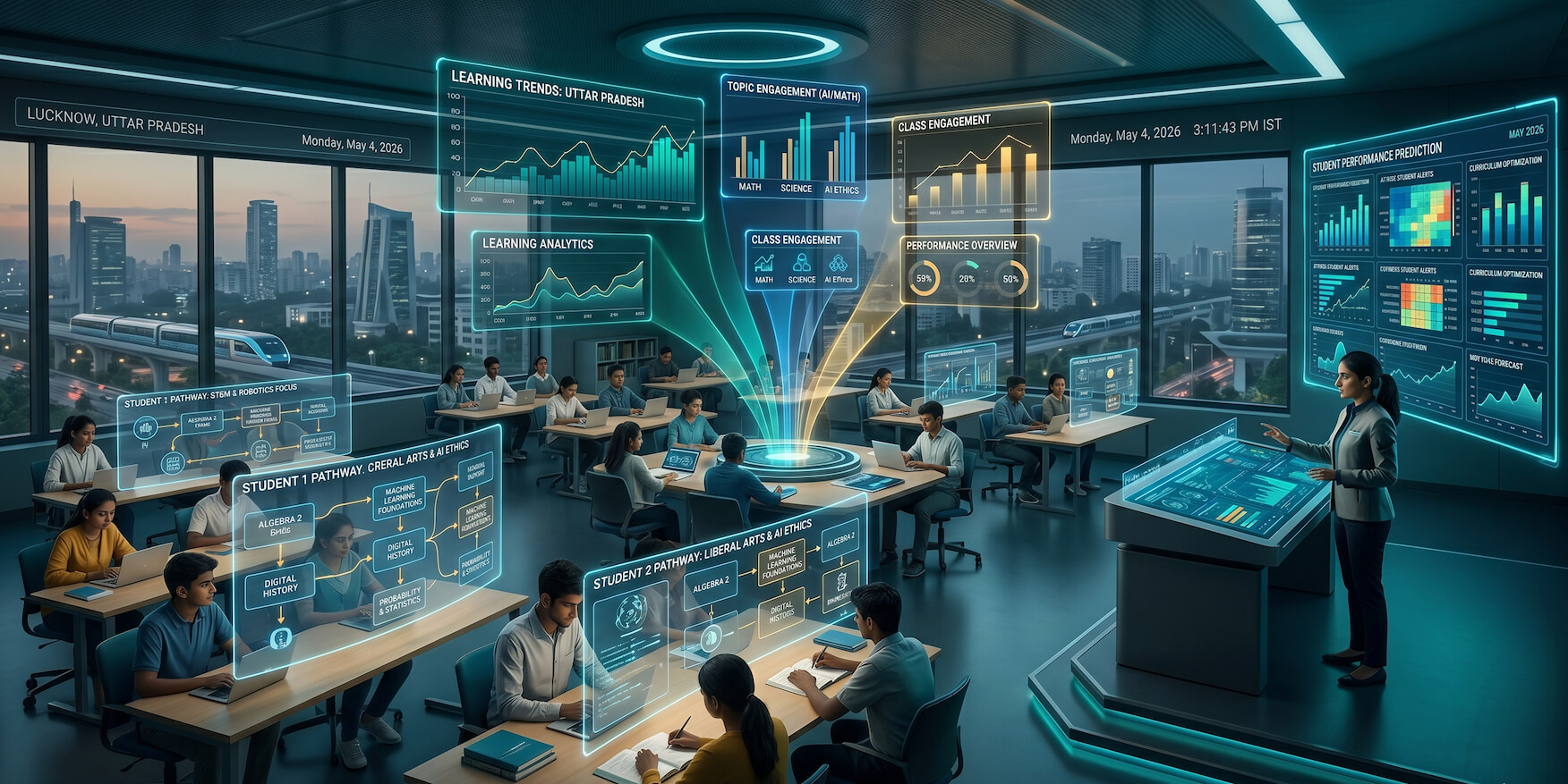 A futuristic education environment showcasing the biggest AI trends shaping teaching and learning in 2026