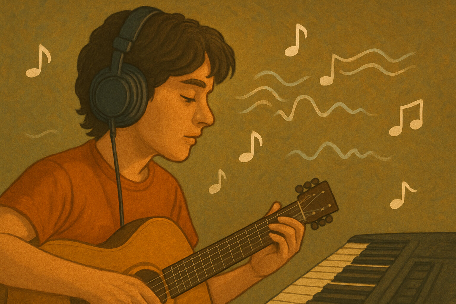 Beginner musician learning to play a song by ear using headphones and instrument, focusing on pitch and melody.