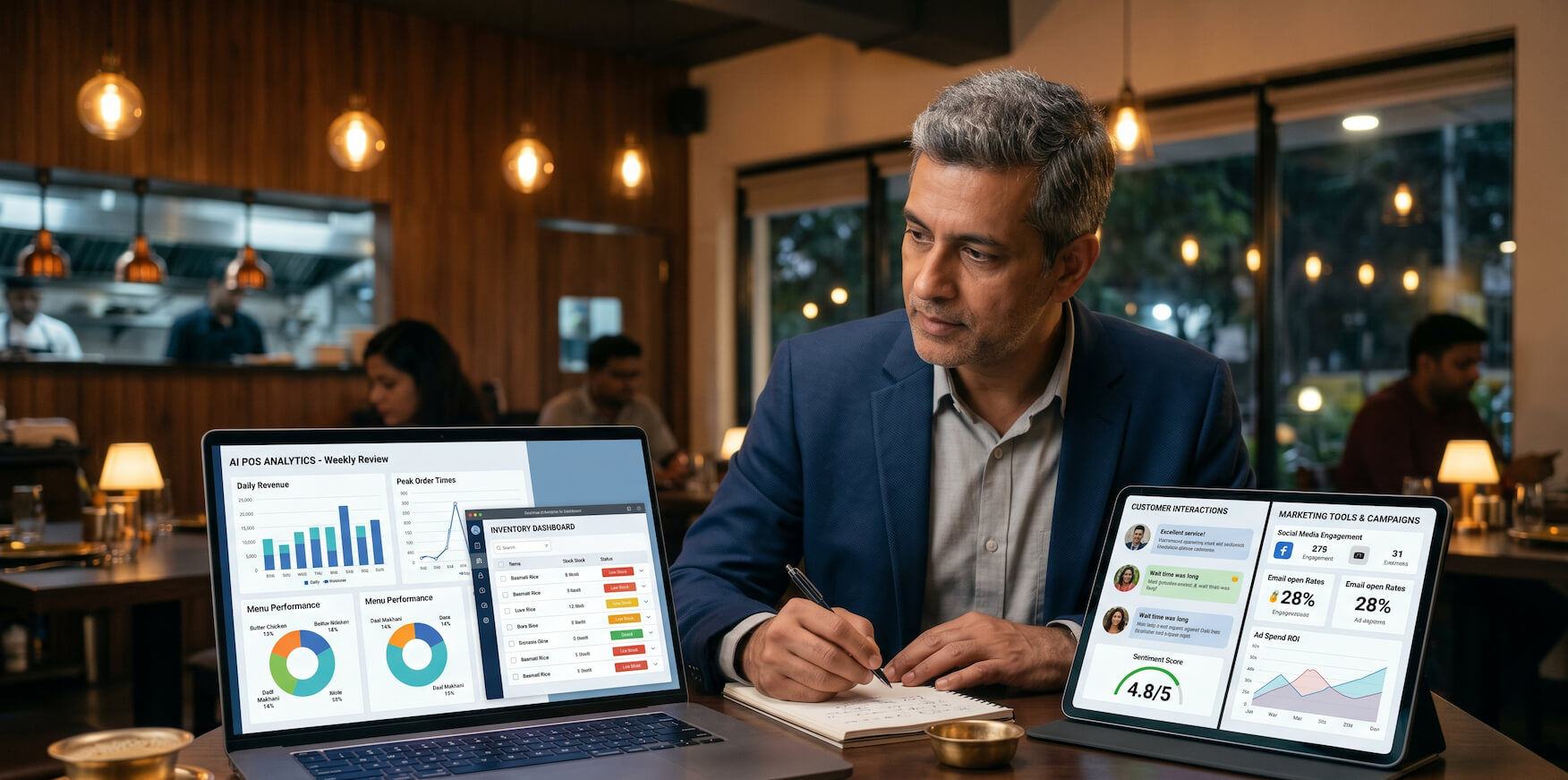 Restaurant owner comparing different AI tools for operations and growth