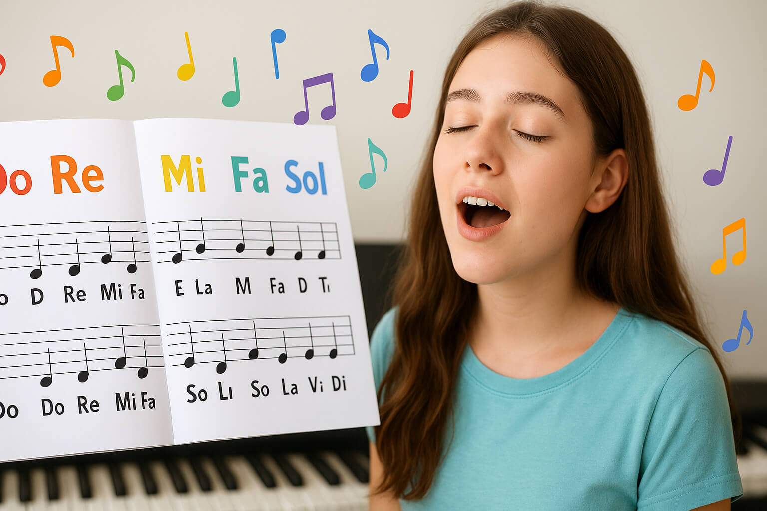 Student practicing singing with solfège syllables over sheet music and piano keys.