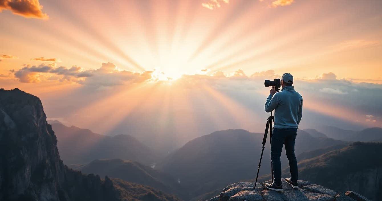 A professional landscape photographer standing on a cliff during golden hour, using a high-end DSLR camera mounted on a tripod to capture a panoramic mountain view.